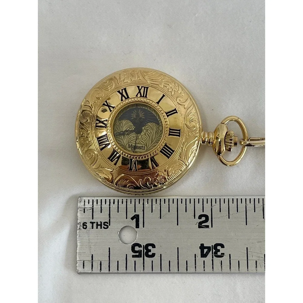 Majesti Gold Tone Sun Moon Phase Pocket Watch Swiss Parts Roman Numeral Date